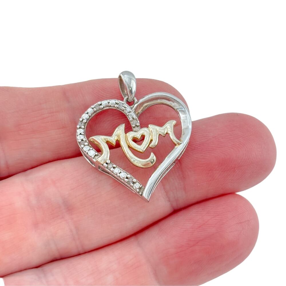 Vintage Sterling Silver 925 Diamond Mom Heart Pendant